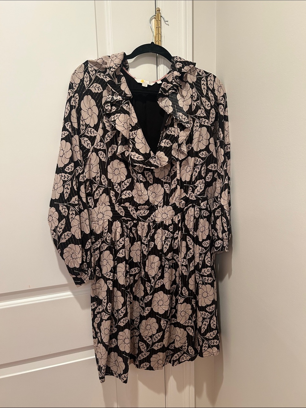 Boden Black Dress with Cream Floral Ruffle Neck